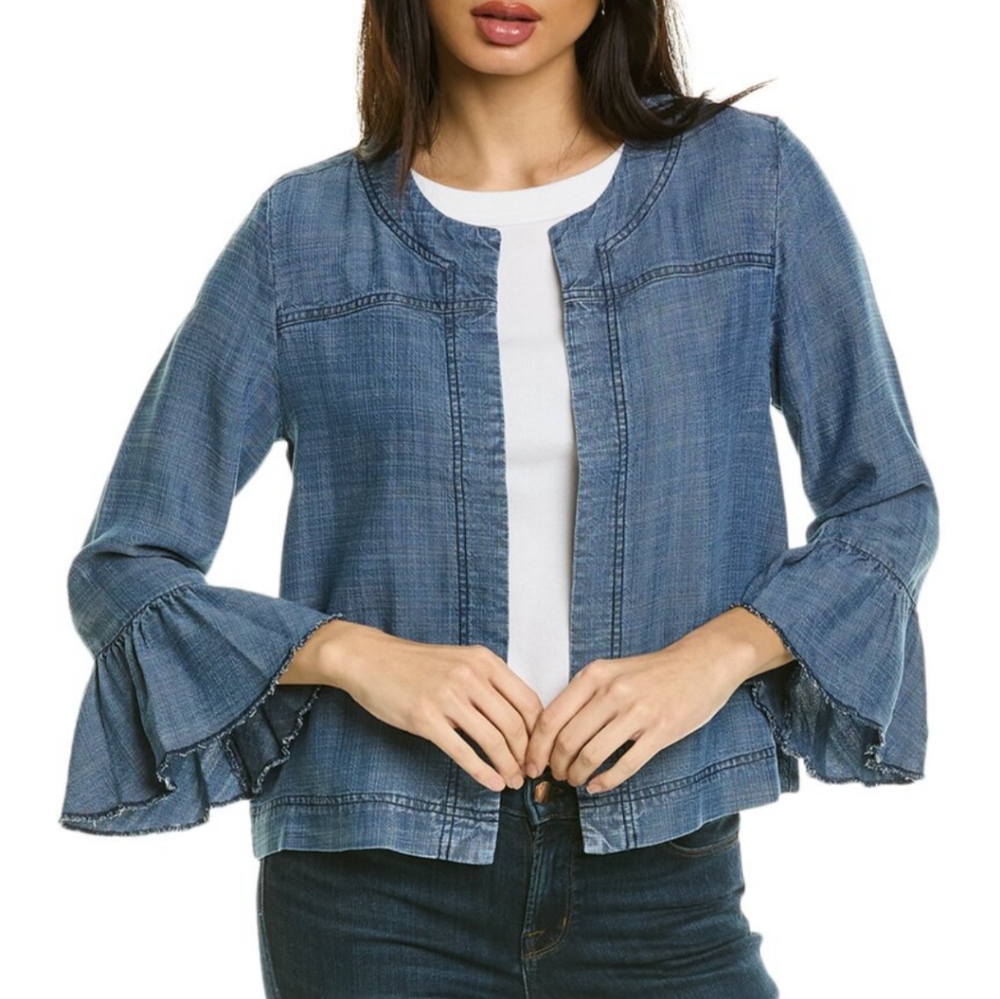 Lilla P Chambray Lyocell open front bell/ruffle cuff jacket Large